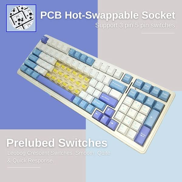 AULA F99 Tri-Mode 2.4G Wired BT Hot Swappable RGB Wireless Full Size Mechanical Blue White, Crescent Switch Gaming Keyboard