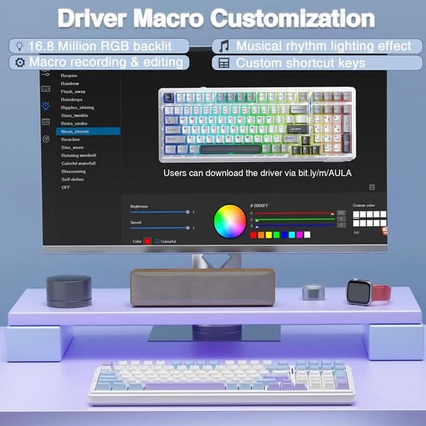 AULA F99 Tri-Mode 2.4G Wired BT Hot Swappable RGB Wireless Full Size Mechanical Blue White, Crescent Switch Gaming Keyboard