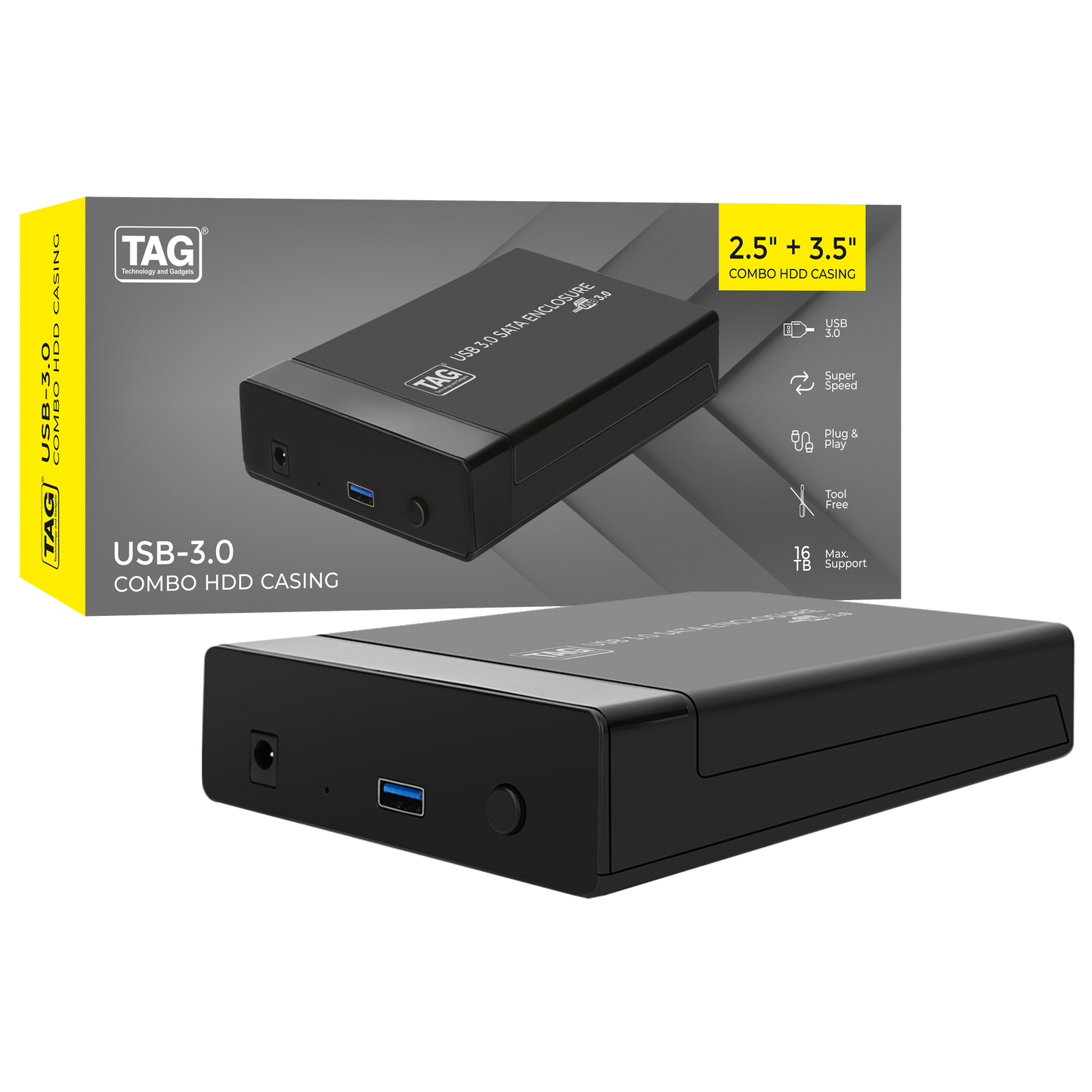 TAG 3.5 Inch SATA HDD Enclosure, USB 3.0, Up to 5Gbps, Supports Up to 16TB, 12V Power Adapter, Black