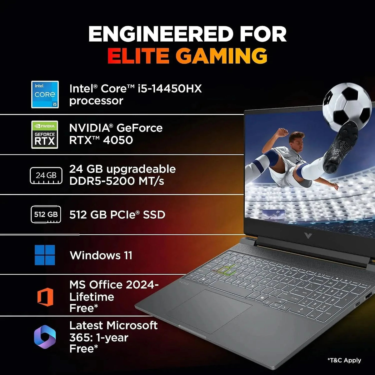 HP Victus, Intel Core i5-14450HX 14th Gen, 6GB RTX 4050, 24GB DDR5 RAM, 512GB SSD, FHD, 144Hz, 300 nits, 15.6 inch, Windows 11 Home, M365, Office24, Silver, 2.29kg, fa2382tx, RGB Gaming Laptop