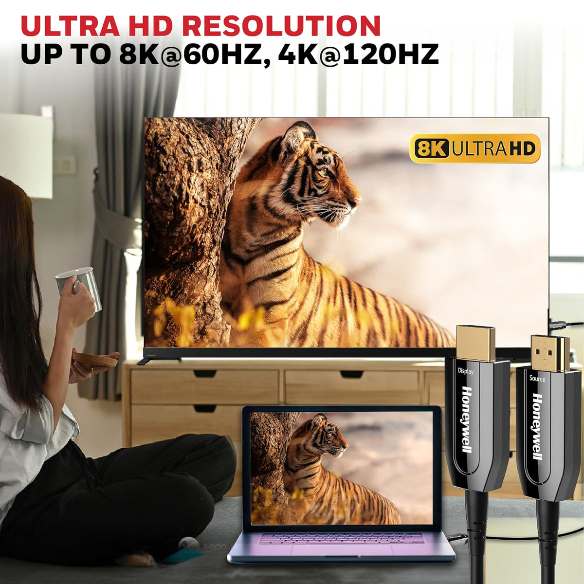 Honeywell HDMI AOC 2.1 Complaint 30 Meters, Transmission Speed of 48GBPS, Supports UHD Resolution of 8K@60Hz, Male-to-Male, High-Speed Fiber Optics Cable, Compatible with TV, Gaming Console, etc.