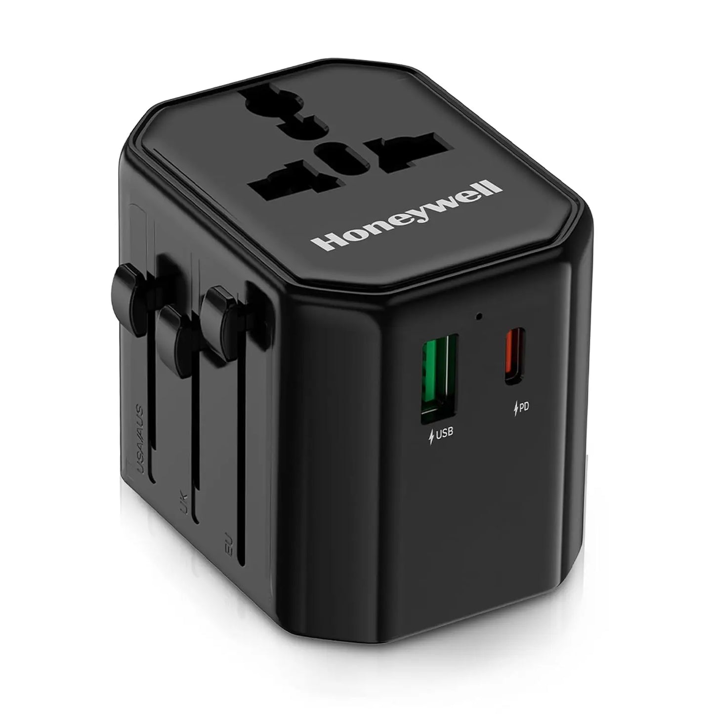 Honeywell New Launch Universal Travel Adapter 12W, 3-in-1 Fast Charging, Universal Socket, TypeC, USBA, Worldwide Wall Charger for EU,US,UK & CN/AUS