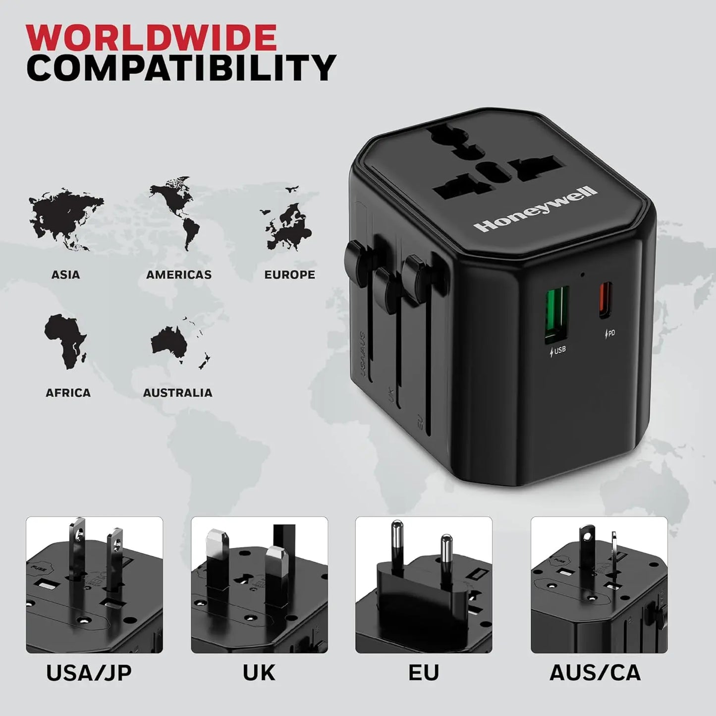 Honeywell New Launch Universal Travel Adapter 12W, 3-in-1 Fast Charging, Universal Socket, TypeC, USBA, Worldwide Wall Charger for EU,US,UK & CN/AUS
