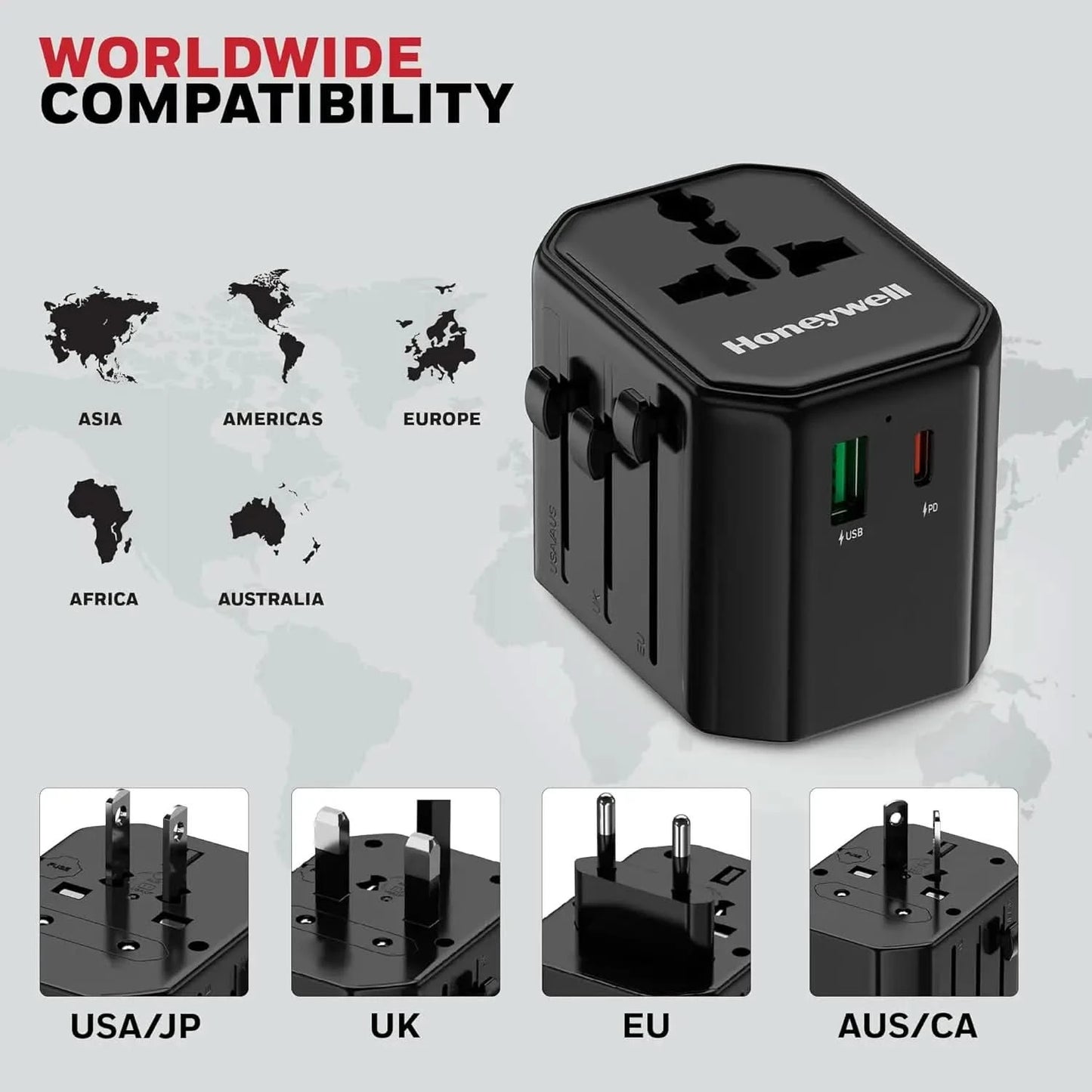 Honeywell New Launch Universal Travel Adapter 12W, 3-in-1 Fast Charging, Universal Socket, TypeC, USBA, Worldwide Wall Charger for EU,US,UK & CN/AUS