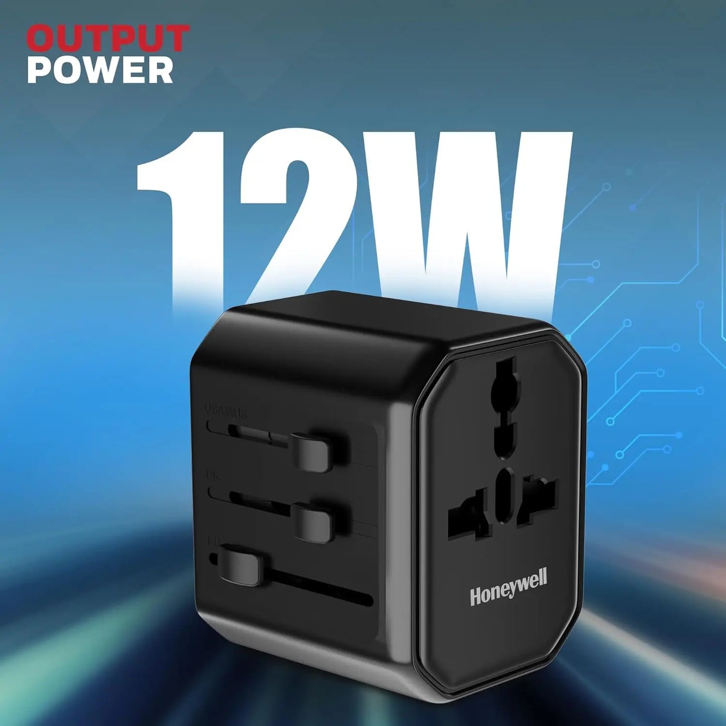 Honeywell New Launch Universal Travel Adapter 12W, 3-in-1 Fast Charging, Universal Socket, TypeC, USBA, Worldwide Wall Charger for EU,US,UK & CN/AUS