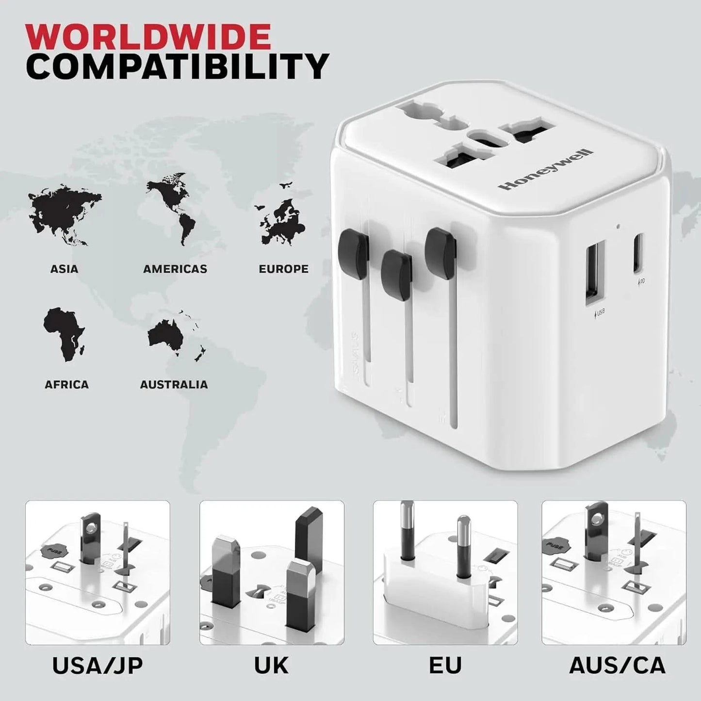Honeywell New Launch Universal Travel Adapter 12W, 3-in-1 Fast Charging, Universal Socket, TypeC, USBA, Worldwide Wall Charger for EU,US,UK & CN/AUS White