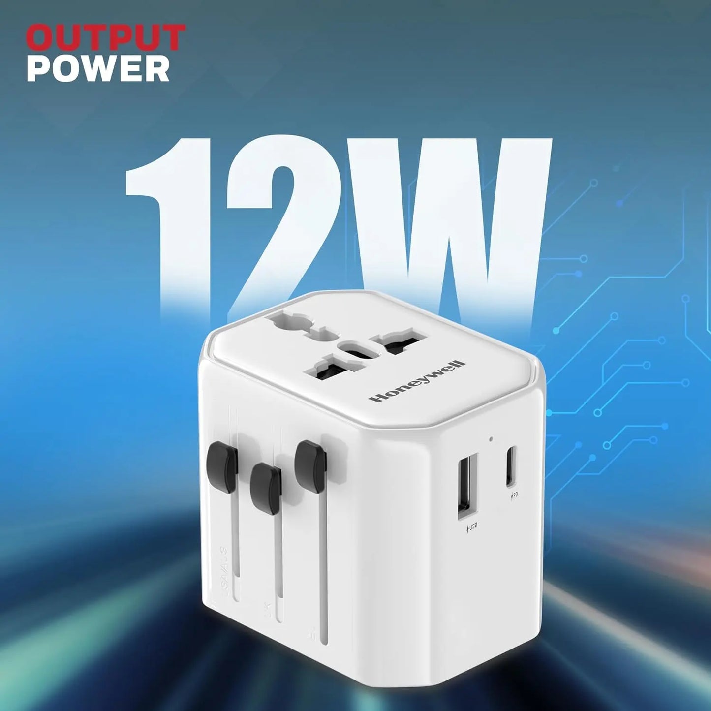 Honeywell New Launch Universal Travel Adapter 12W, 3-in-1 Fast Charging, Universal Socket, TypeC, USBA, Worldwide Wall Charger for EU,US,UK & CN/AUS White