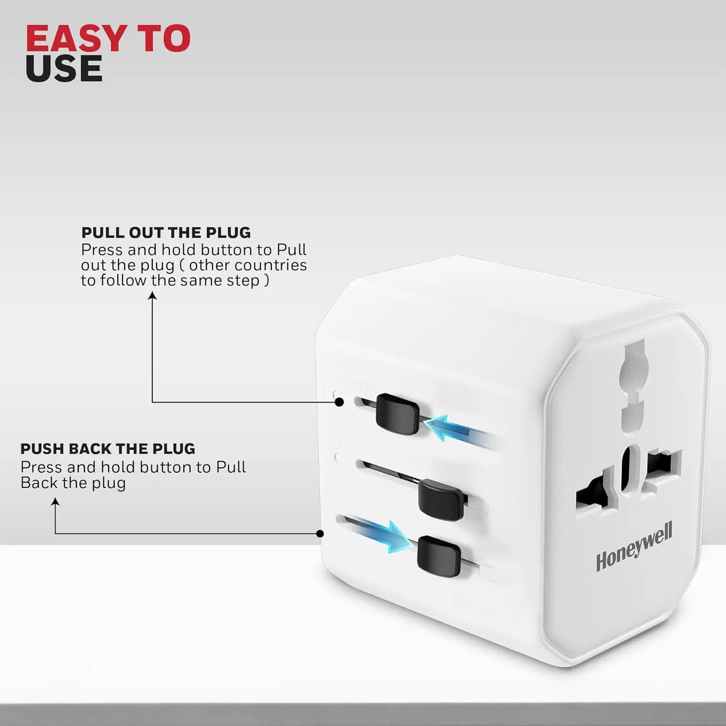 Honeywell New Launch Universal Travel Adapter 12W, 3-in-1 Fast Charging, Universal Socket, TypeC, USBA, Worldwide Wall Charger for EU,US,UK & CN/AUS White