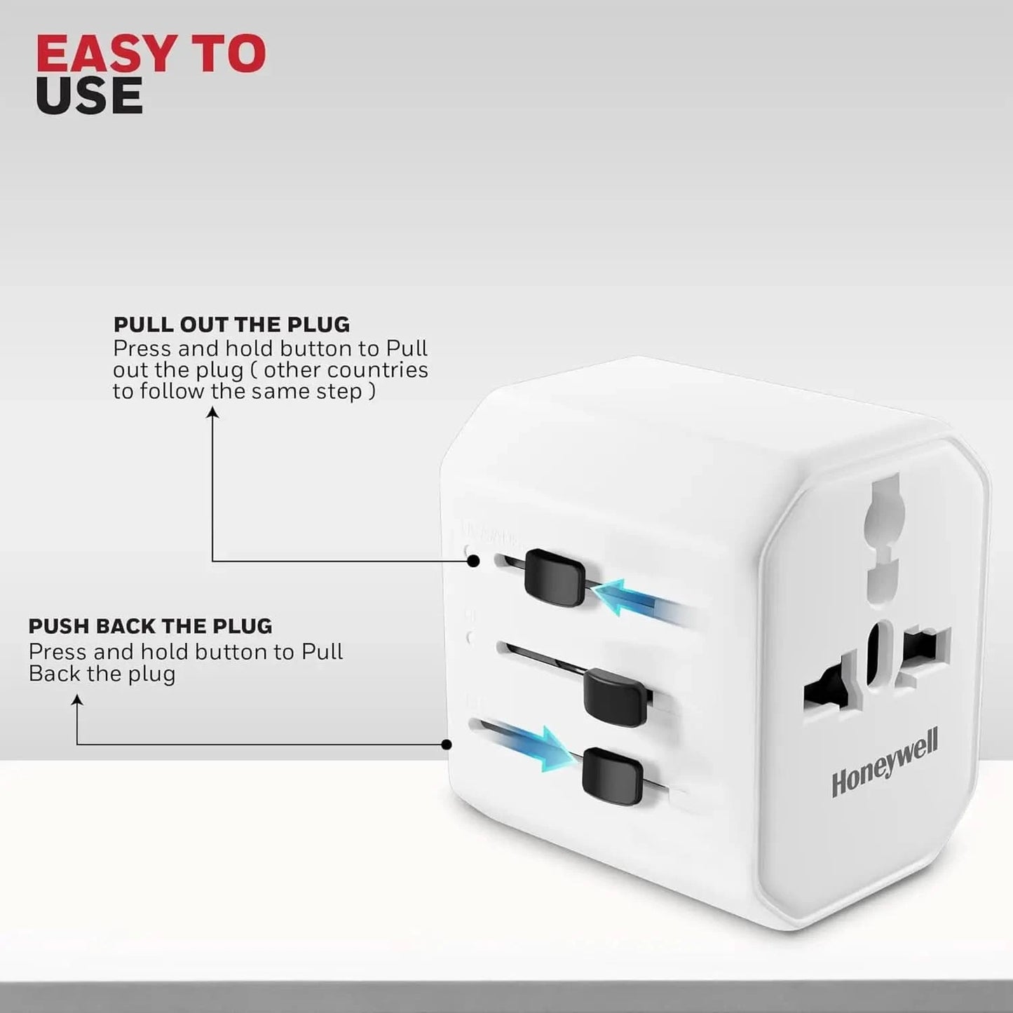 Honeywell New Launch Universal Travel Adapter 12W, 3-in-1 Fast Charging, Universal Socket, TypeC, USBA, Worldwide Wall Charger for EU,US,UK & CN/AUS White