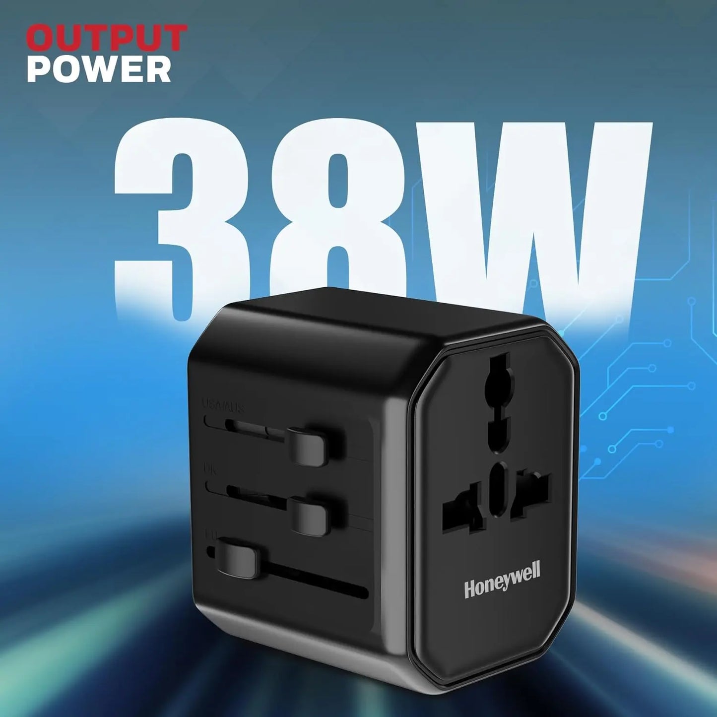 Honeywell New Launch Universal Travel Adapter 38W, 3-in-1 Fast Charging, Universal Socket, TypeC, USBA, Worldwide Wall Charger for EU,US,UK & CN/AUS