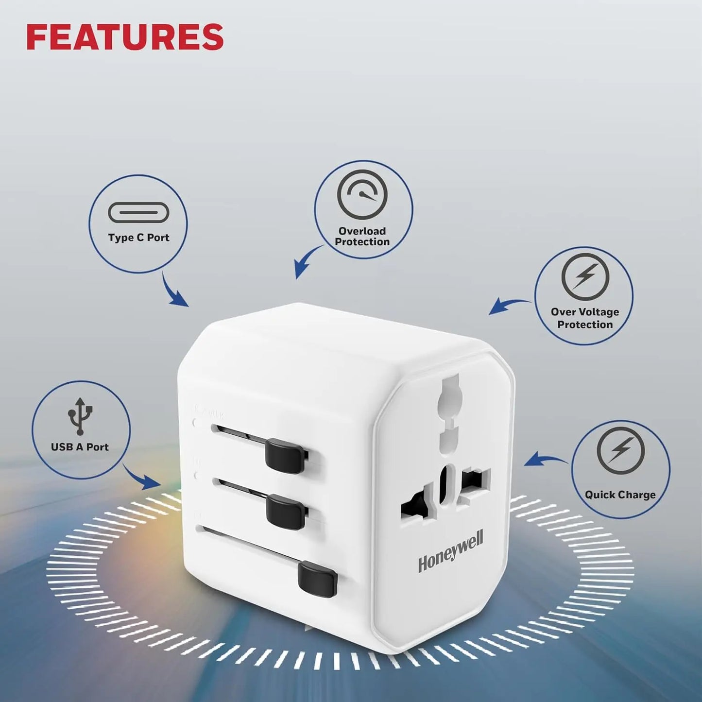 Honeywell New Launch Universal Travel Adapter 38W, 3-in-1 Fast Charging, Universal Socket, TypeC, USBA, Worldwide Wall Charger for EU,US,UK & CN/AUS White