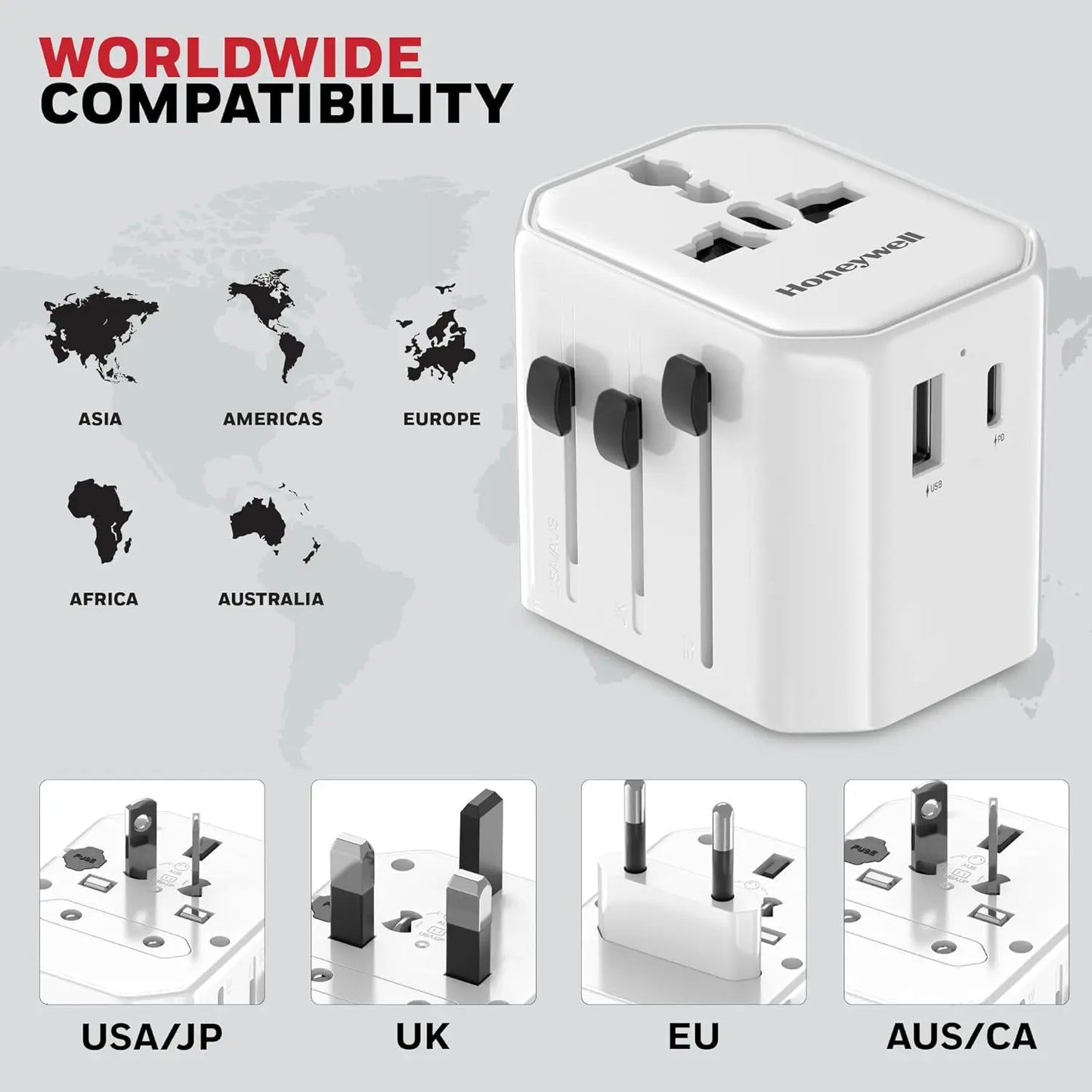 Honeywell New Launch Universal Travel Adapter 38W, 3-in-1 Fast Charging, Universal Socket, TypeC, USBA, Worldwide Wall Charger for EU,US,UK & CN/AUS White
