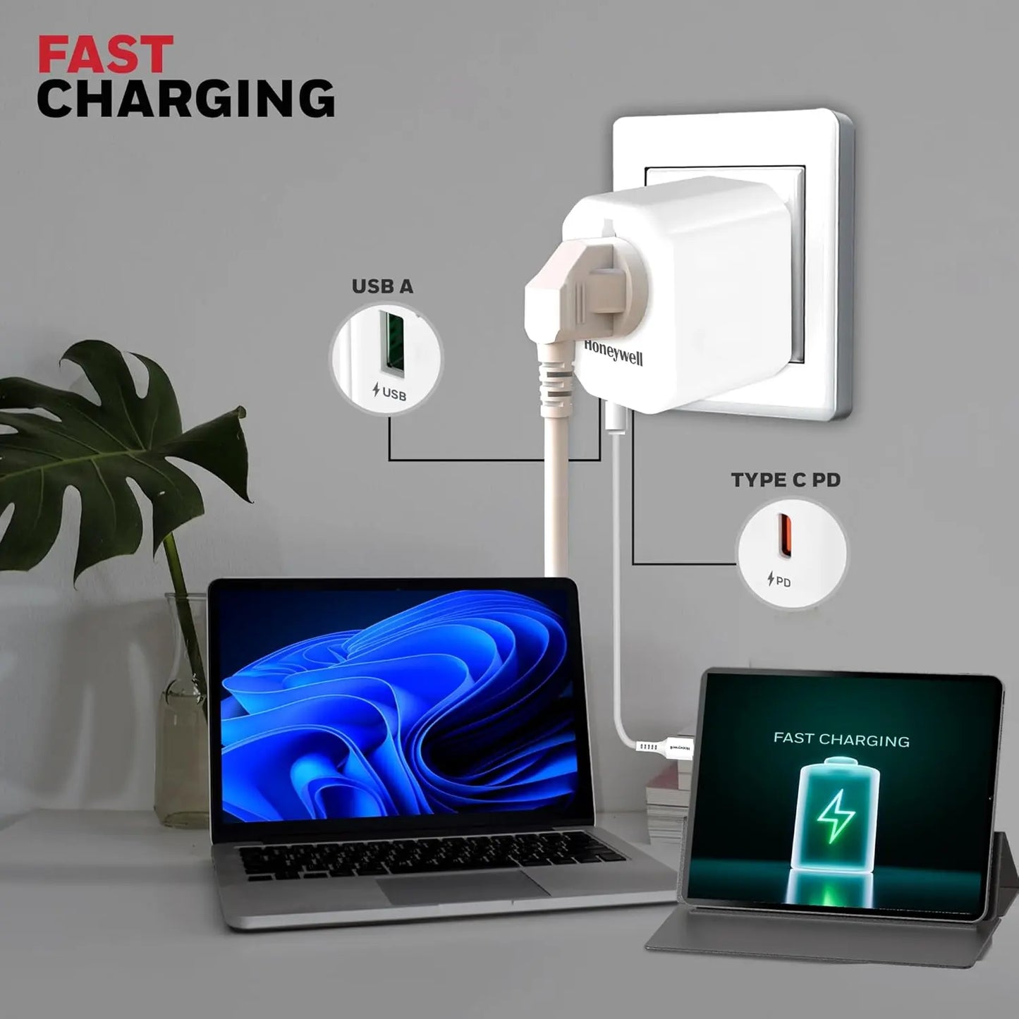 Honeywell New Launch Universal Travel Adapter 38W, 3-in-1 Fast Charging, Universal Socket, TypeC, USBA, Worldwide Wall Charger for EU,US,UK & CN/AUS White