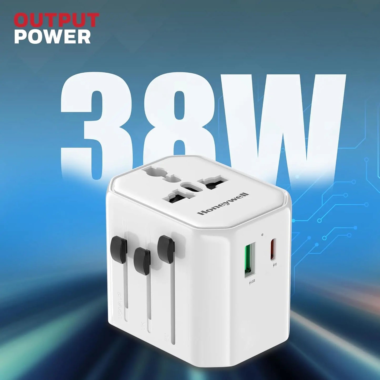 Honeywell New Launch Universal Travel Adapter 38W, 3-in-1 Fast Charging, Universal Socket, TypeC, USBA, Worldwide Wall Charger for EU,US,UK & CN/AUS White