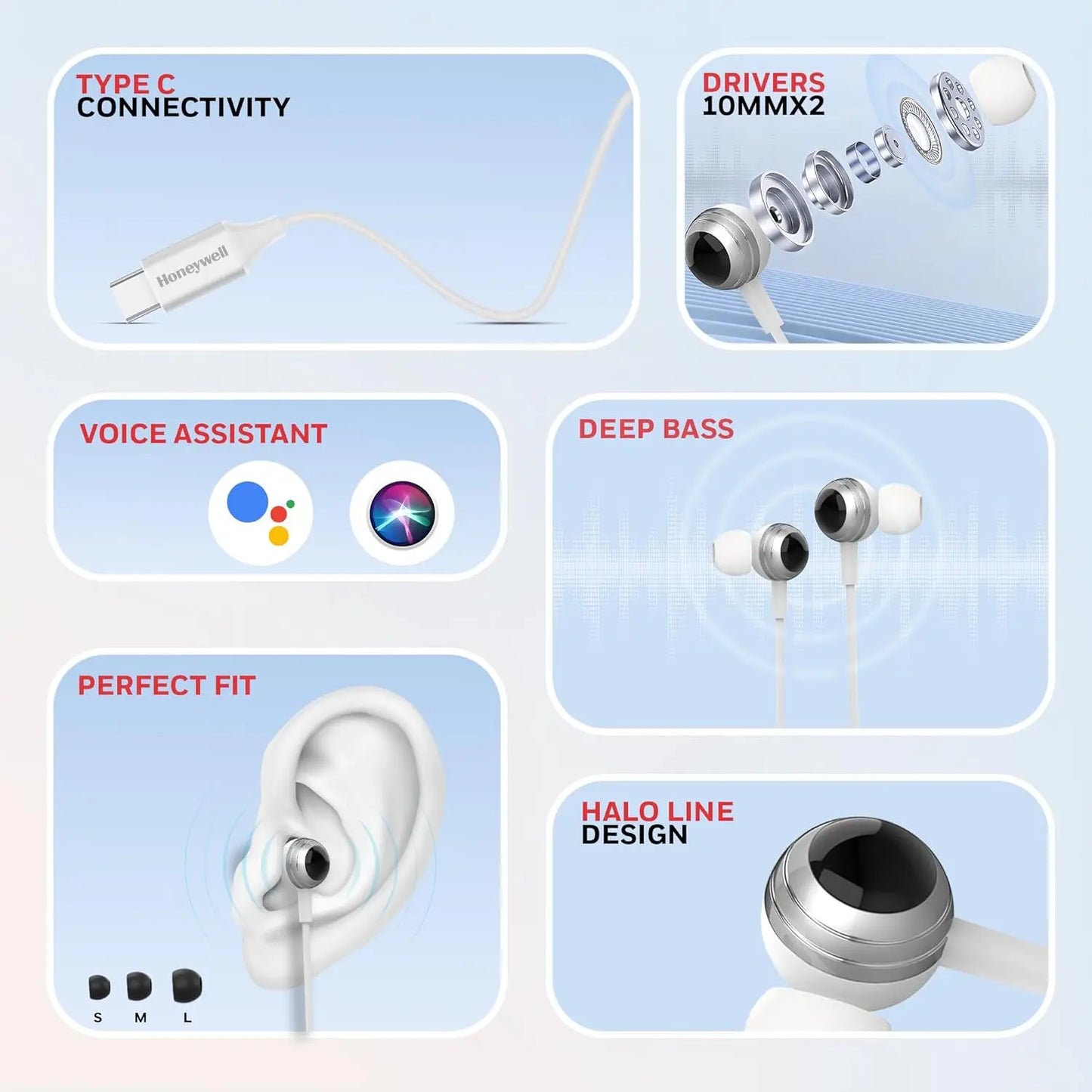 Honeywell Suono P70 Wired in Ear Earphones with Built in Mic 10mm*2 Drivers, Noise Cancelling and Ultra HD Mic, IPX4, Voice Assistant Enabled, HD Sound & Clear Audio, Type C Compatible, 1.2 Mtr