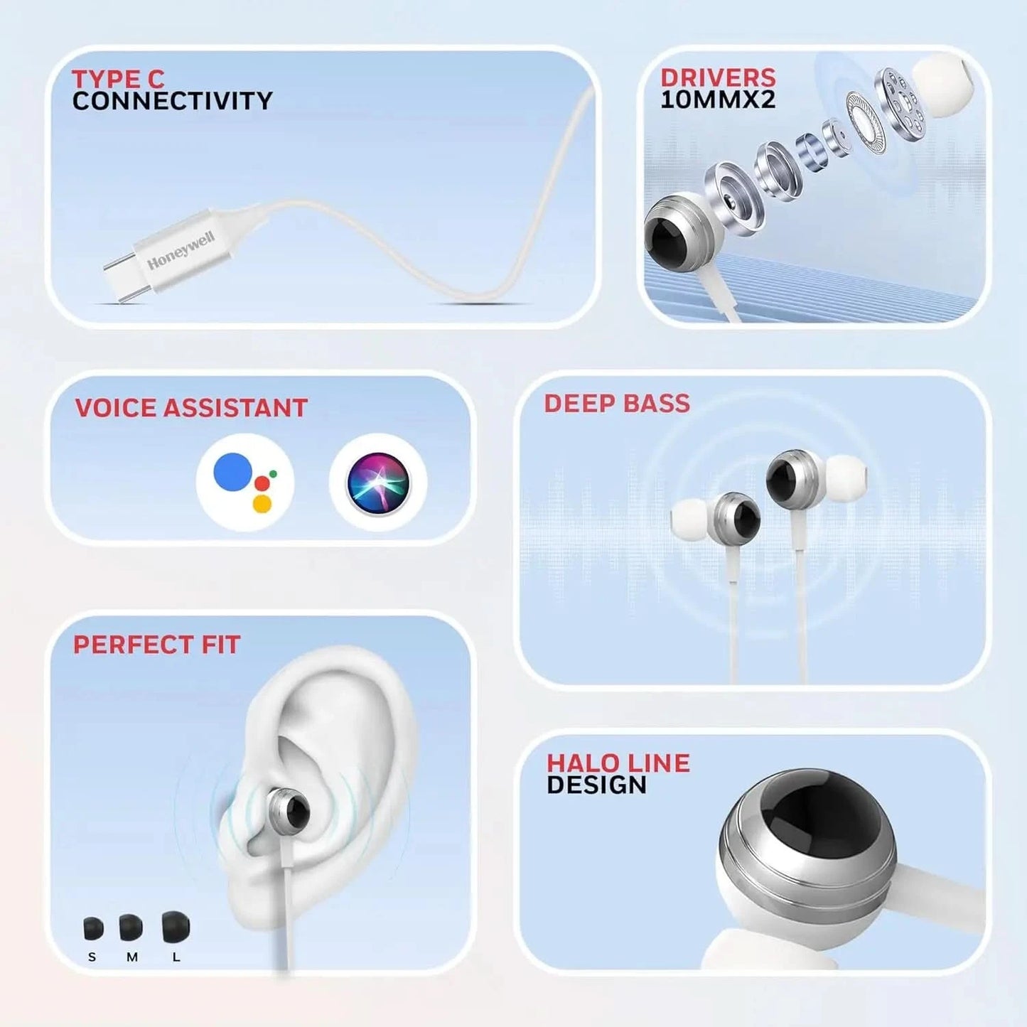 Honeywell Suono P70 Wired in Ear Earphones with Built in Mic 10mm*2 Drivers, Noise Cancelling and Ultra HD Mic, IPX4, Voice Assistant Enabled, HD Sound & Clear Audio, Type C Compatible, 1.2 Mtr