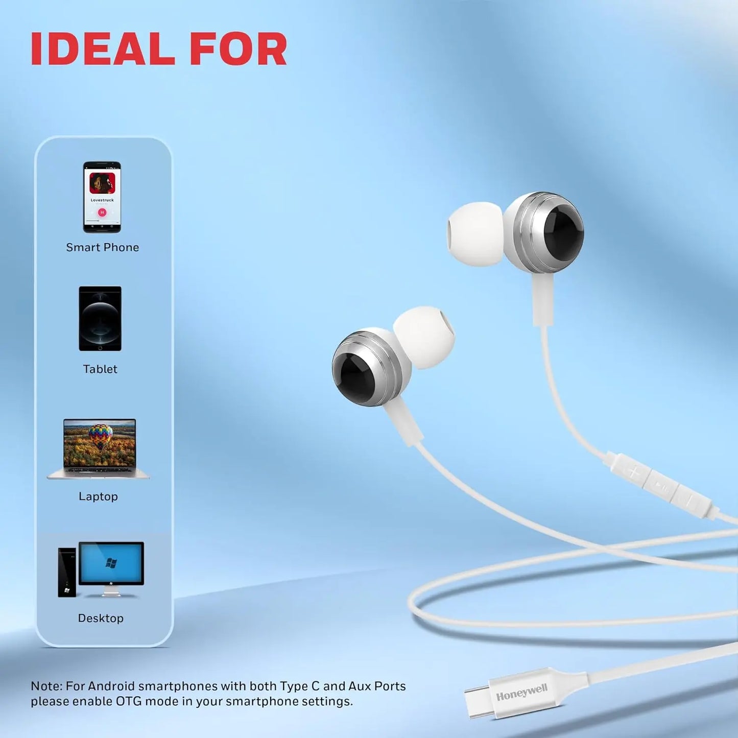 Honeywell Suono P70 Wired in Ear Earphones with Built in Mic 10mm*2 Drivers, Noise Cancelling and Ultra HD Mic, IPX4, Voice Assistant Enabled, HD Sound & Clear Audio, Type C Compatible, 1.2 Mtr