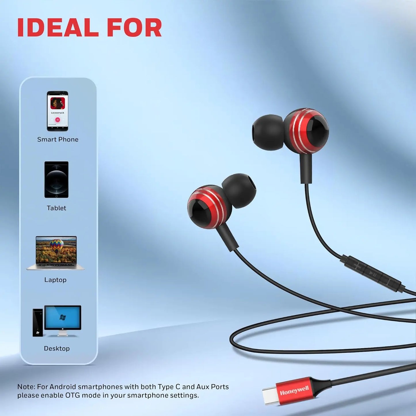 Honeywell Suono P70 Wired in Ear Earphones with Built in Mic 10mm*2 Drivers, Noise Cancelling and Ultra HD Mic, IPX4, Voice Assistant Enabled, HD Sound & Clear Audio, Type C Compatible, 1.2 Mtr