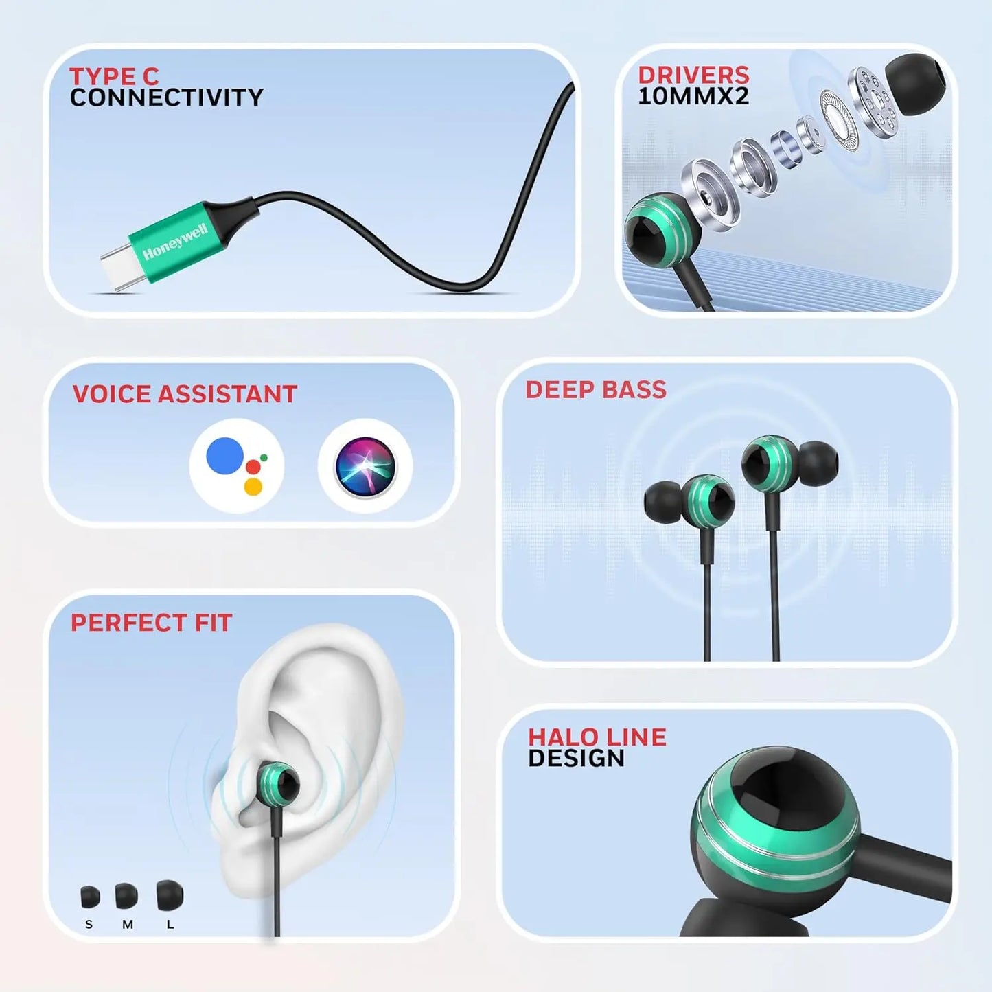 Honeywell Suono P70 Wired in Ear Earphones with Built in Mic 10mm*2 Drivers, Noise Cancelling and Ultra HD Mic, IPX4, Voice Assistant Enabled, HD Sound & Clear Audio, Type C Compatible, 1.2 Mtr Green