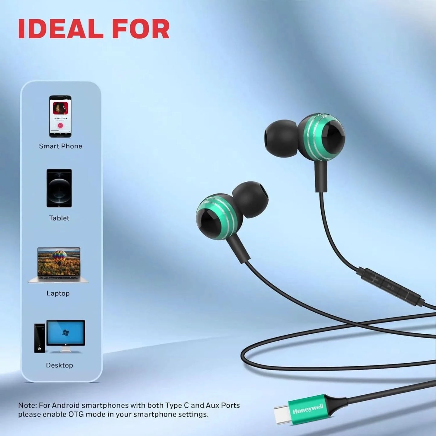 Honeywell Suono P70 Wired in Ear Earphones with Built in Mic 10mm*2 Drivers, Noise Cancelling and Ultra HD Mic, IPX4, Voice Assistant Enabled, HD Sound & Clear Audio, Type C Compatible, 1.2 Mtr Green