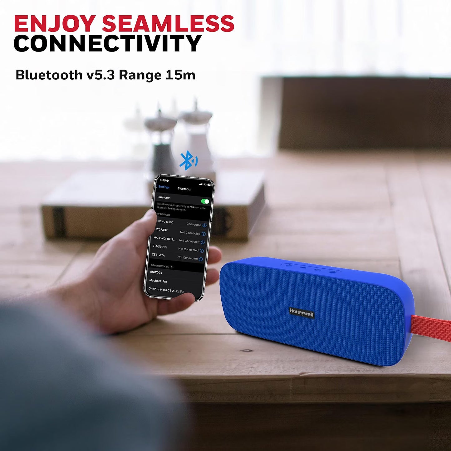 Honeywell Trueno U300 Bluetooth 5.3 Wireless Portable Speaker, 20W Output, Dual 78mm Drivers, Deep Bass, 13H Playtime, IPX6, TWS Pairing, SD/USB Type-C/AUX Support, Built-in Mic, 2-Year Warranty-Blue