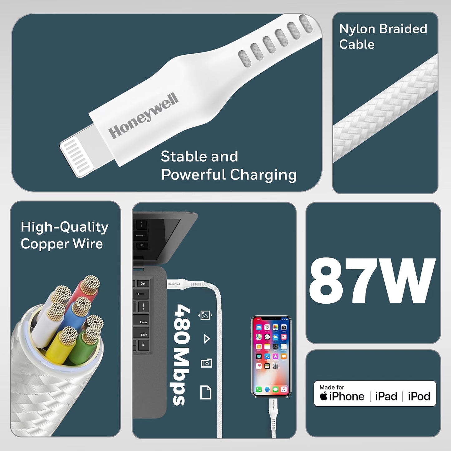 Honeywell Type C to Lightning, 4 Feet (1.2M), Nylon Braided Cable, MFI-certified, QC3.0, PD 87W Support with Max Output 3A, Fast Charge & Sync Cable for iPhone, iPad, AirPods – White