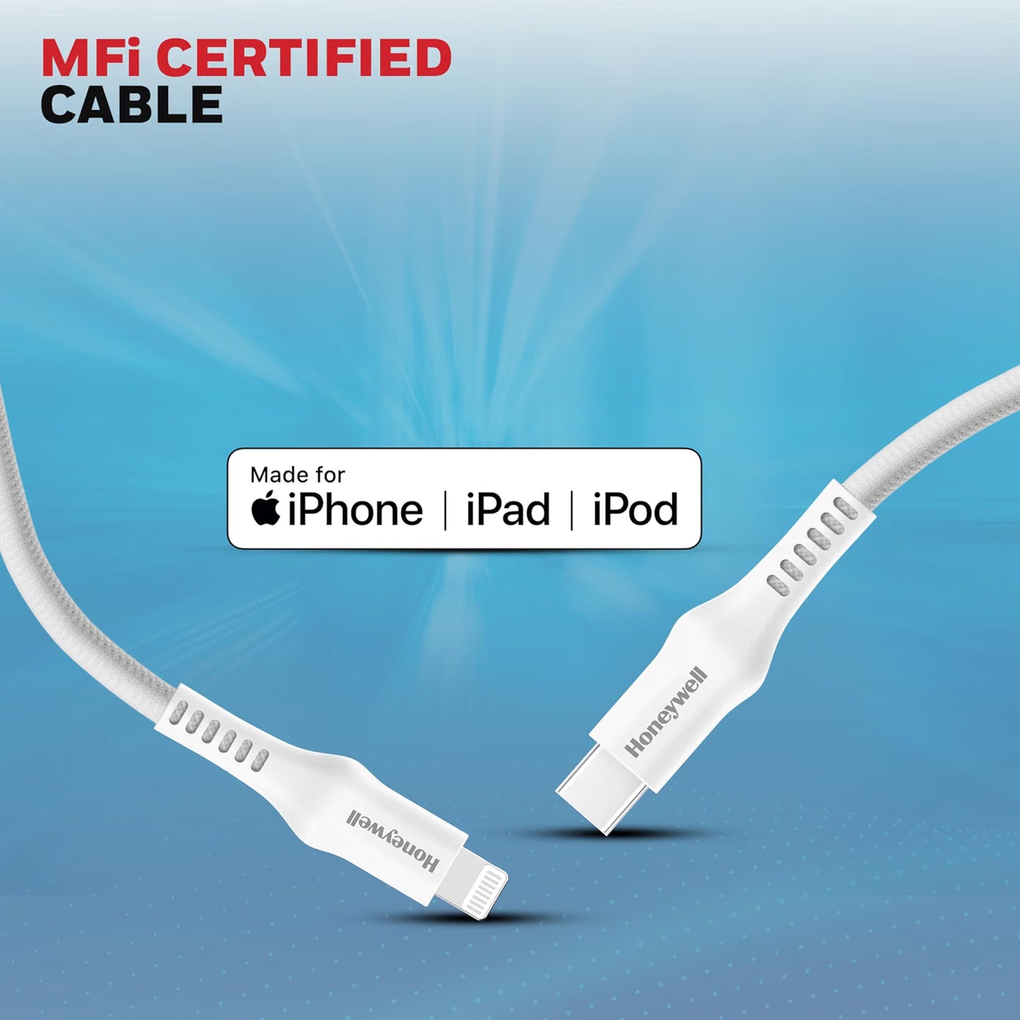 Honeywell Type C to Lightning, 4 Feet (1.2M), Nylon Braided Cable, MFI-certified, QC3.0, PD 87W Support with Max Output 3A, Fast Charge & Sync Cable for iPhone, iPad, AirPods – White