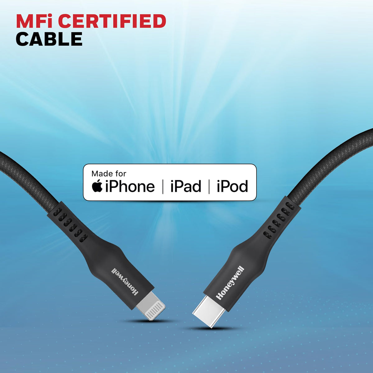 Honeywell Type C to Lightning, 4 Feet (1.2M), Nylon Braided Cable, MFI-certified, QC3.0, PD 87W Support with Max Output 3A, Fast Charge & Sync Cable for iPhone, iPad, AirPods – Black