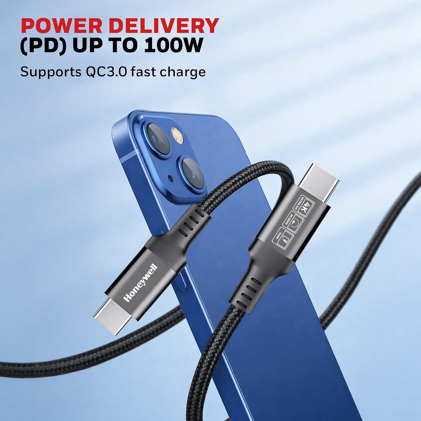 Honeywell Type-C to Type-C Braided USB 3.2 Cable, PD 100W Fast Charge, Max Output 5A, 20Gbps Transfer, 4K Video, Nickel-Plated, Tangle-Free compatible with Smartphones, Laptop, Power Bank, 1.2M
