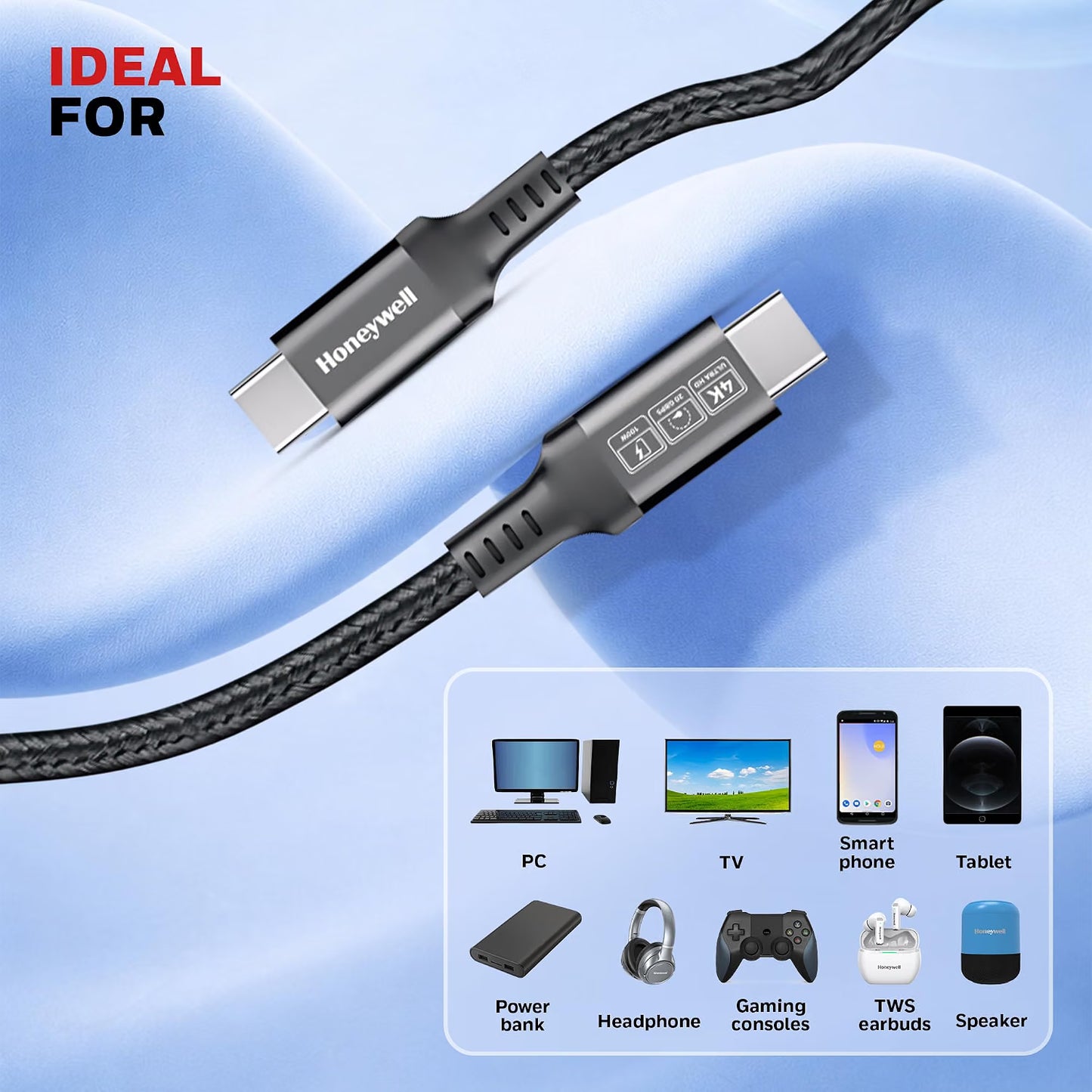 Honeywell Type-C to Type-C Braided USB 3.2 Cable, PD 100W Fast Charge, Max Output 5A, 20Gbps Transfer, 4K Video, Nickel-Plated, Tangle-Free compatible with Smartphones, Laptop, Power Bank, 1.2M