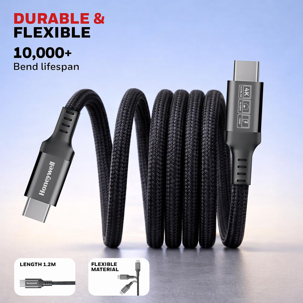 Honeywell Type-C to Type-C Braided USB 3.2 Cable, PD 100W Fast Charge, Max Output 5A, 20Gbps Transfer, 4K Video, Nickel-Plated, Tangle-Free compatible with Smartphones, Laptop, Power Bank, 1.2M