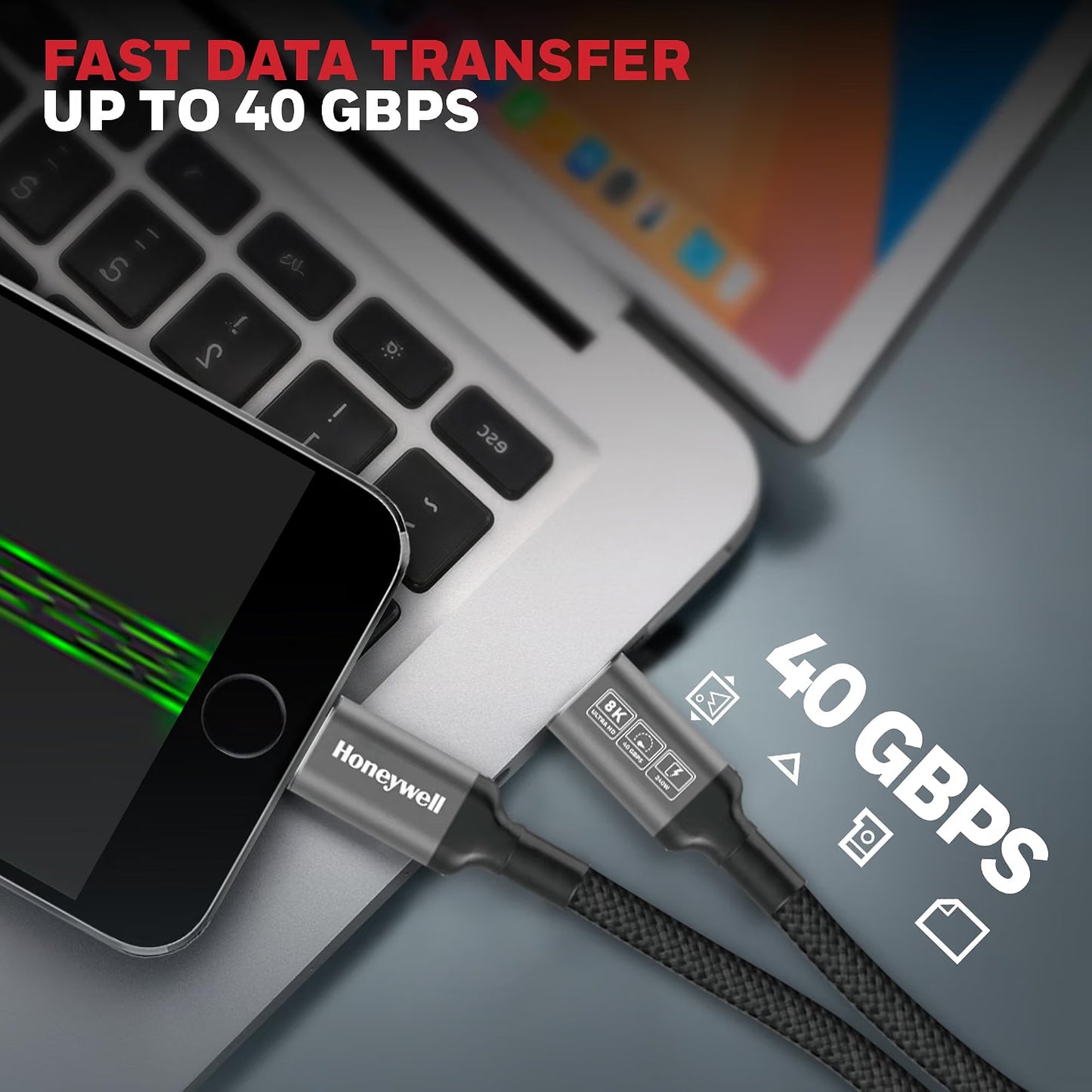 Honeywell Type-C to Type-C Braided USB 4 Cable, PD 240W Fast Charge, Max Output 5A, 40Gbps Transfer, 8K Video, Nickel-Plated, Tangle-Free compatible with Smartphones, Laptop, Power Bank, 1.2M