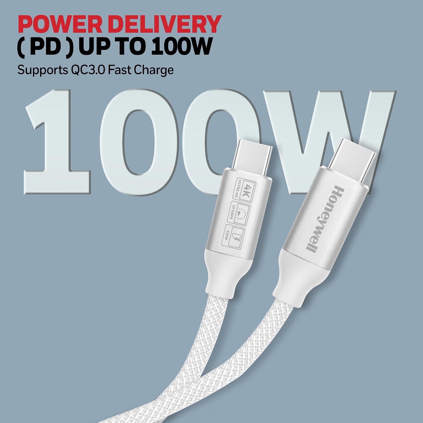 Honeywell Type C to Type C USB 3.1 Cable, 4 Feet (1.2M), Max Output 5A 100W, QC 3.0, Fast Charge, Compatible with Apple Devices, Smartphones, Laptops, Power Banks, Tablets, Headphones, Speakers White