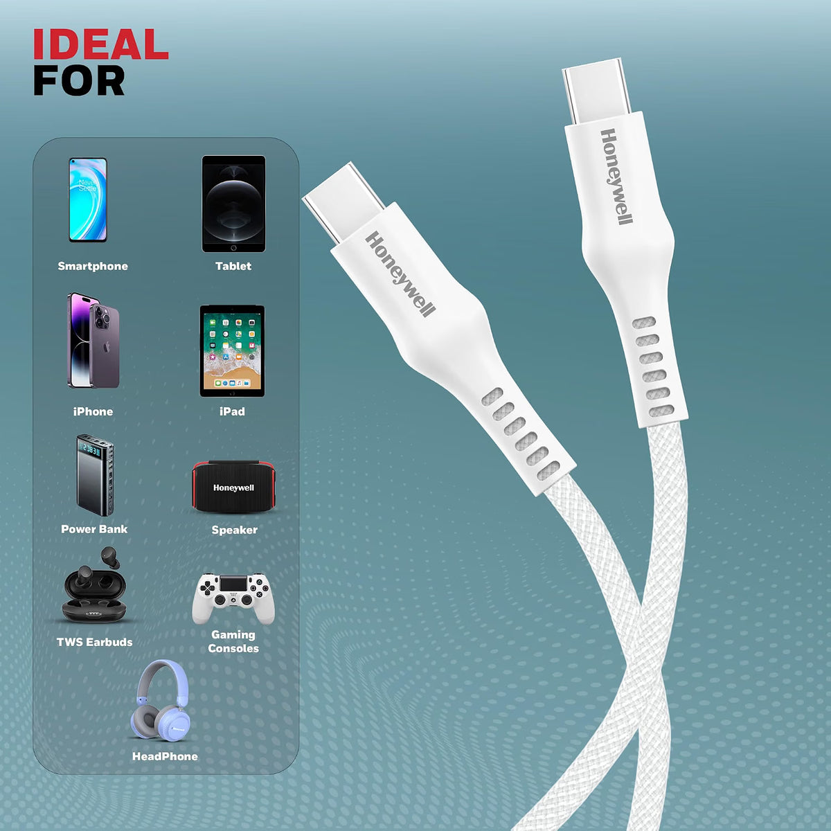 Honeywell USB Type C to Type C Cable, 4 Feet (1.2M), PD 60W, QC 3.0, Fast Charging, Nylon Braided Cable for Apple Devices, Smartphones, Laptops, Power Banks, Tablets, Headphones, Speakers – White