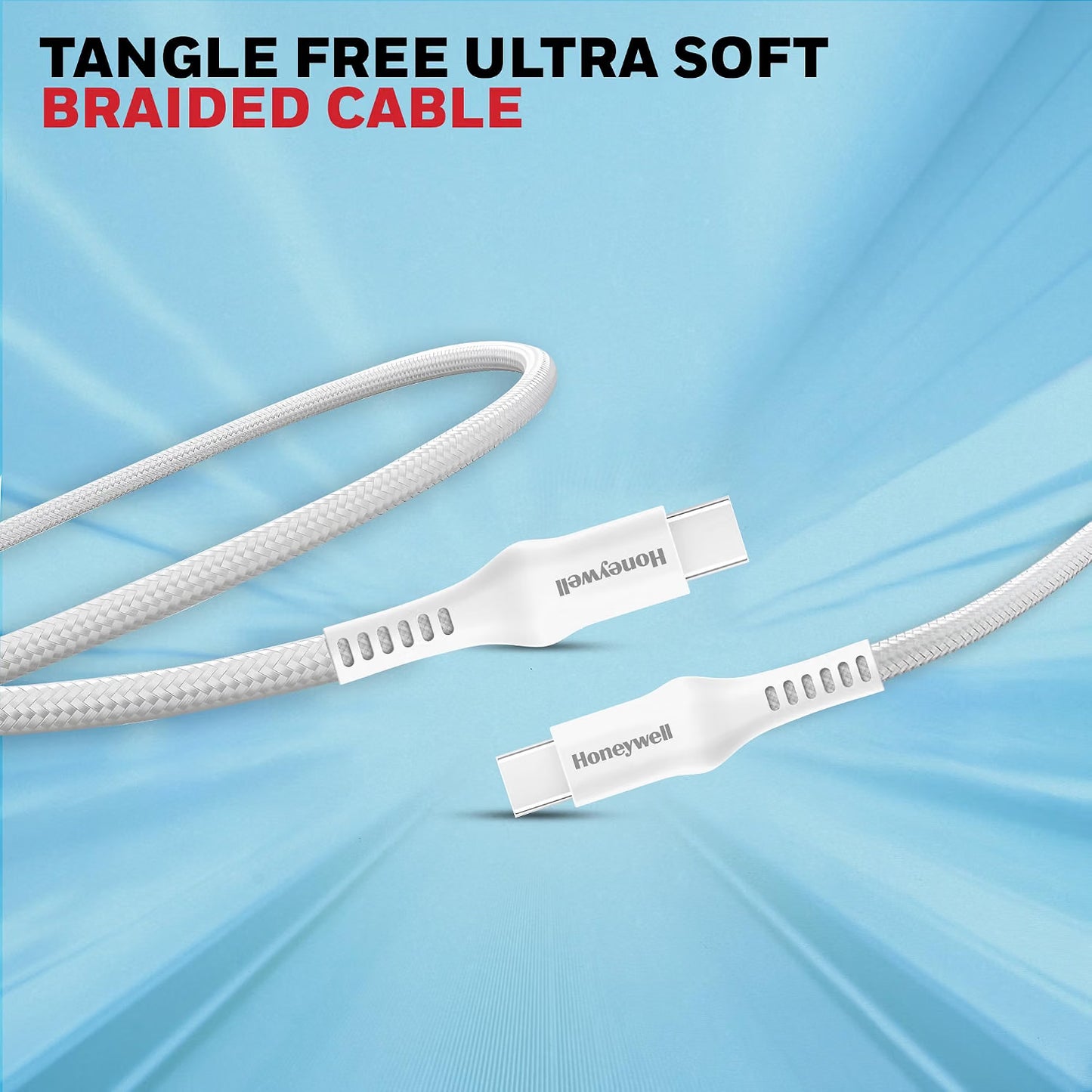 Honeywell USB Type C to Type C Cable, 4 Feet (1.2M), PD 60W, QC 3.0, Fast Charging, Nylon Braided Cable for Apple Devices, Smartphones, Laptops, Power Banks, Tablets, Headphones, Speakers – White
