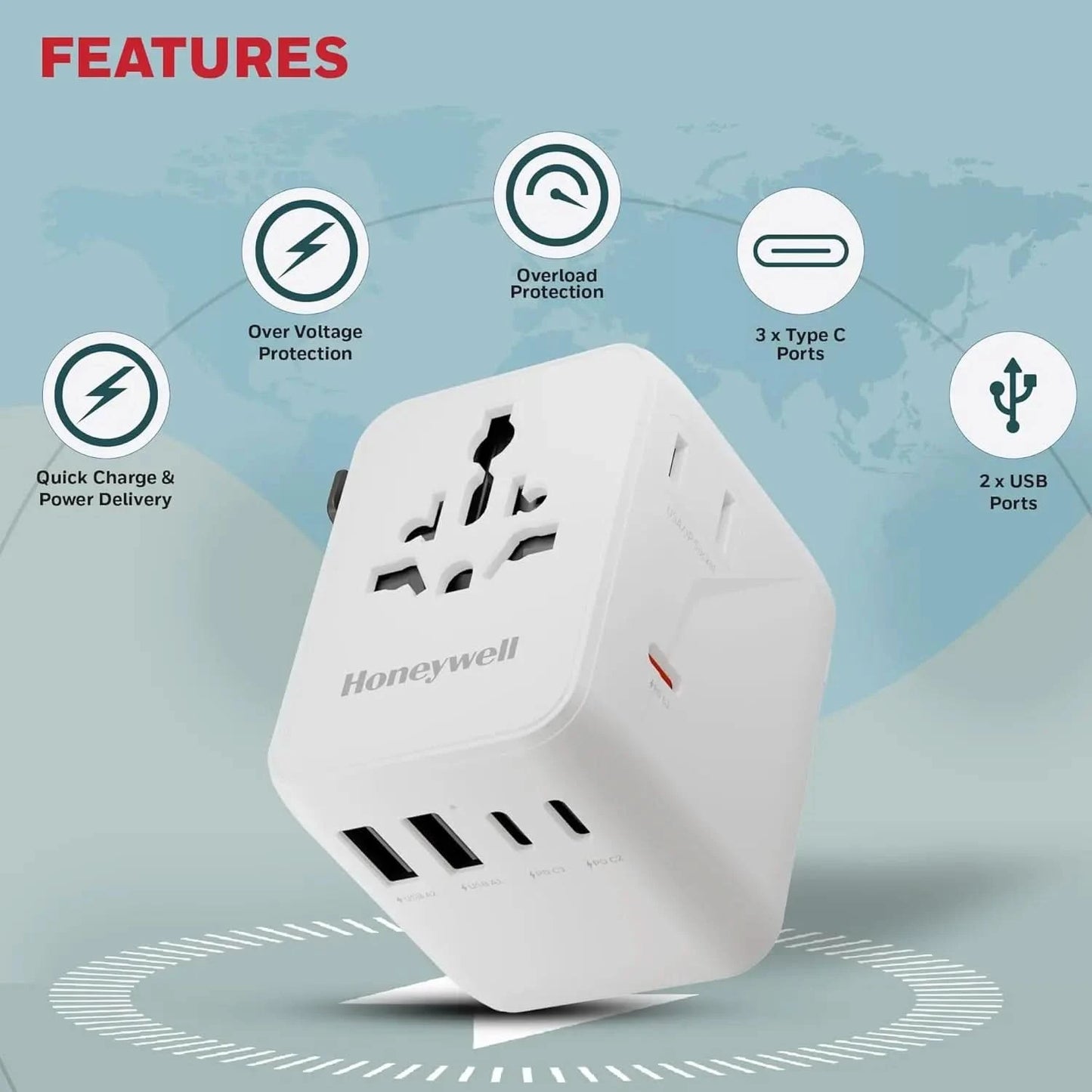 Honeywell Universal Travel Adapter 45W, 7 in 1 Fast Charging, QC3.0/PD, Universal & US Socket, 3 Type C, 2 USB A, Overload & overvoltage Protection, International Adapter for EU, US, UK & CN/AUS White