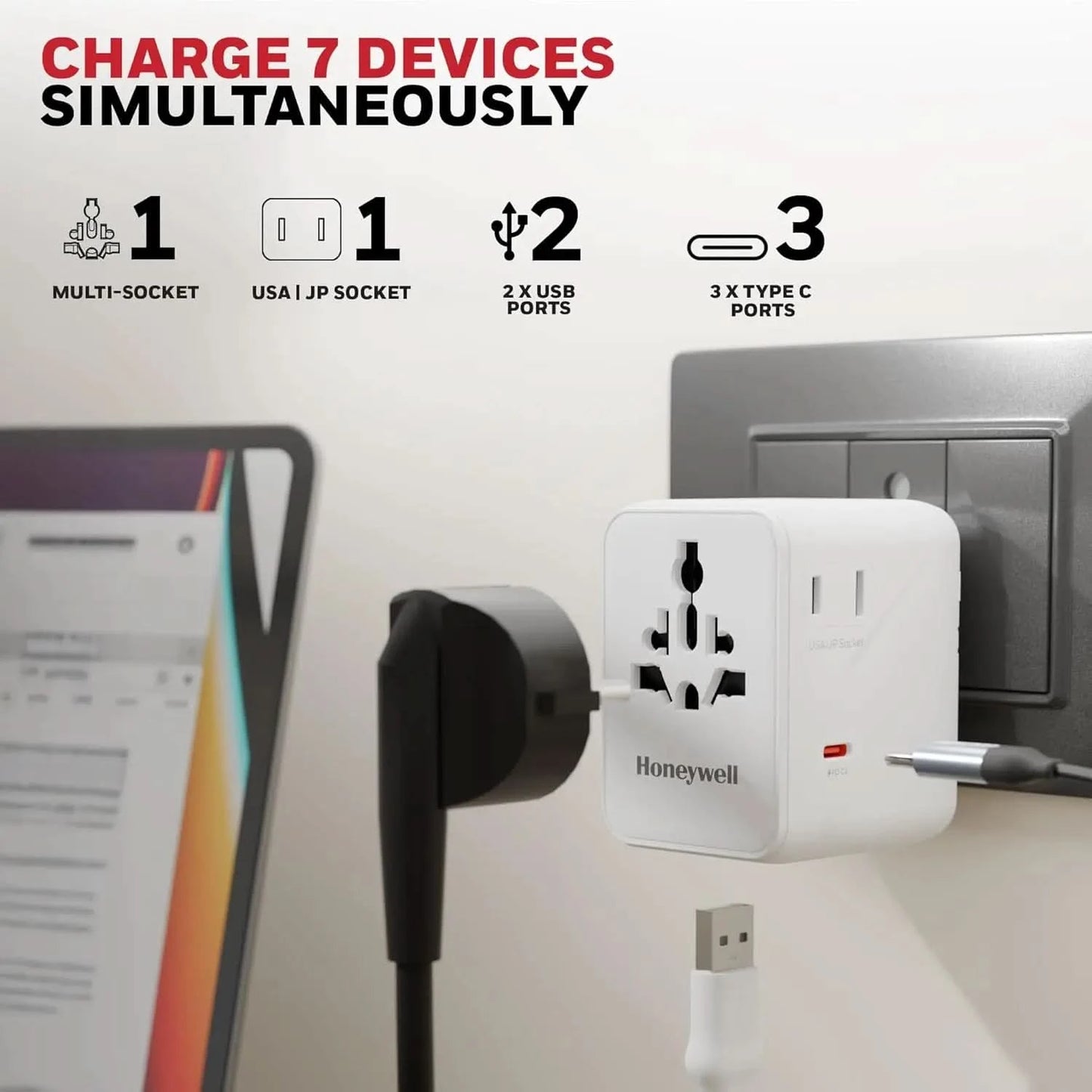 Honeywell Universal Travel Adapter 45W, 7 in 1 Fast Charging, QC3.0/PD, Universal & US Socket, 3 Type C, 2 USB A, Overload & overvoltage Protection, International Adapter for EU, US, UK & CN/AUS White