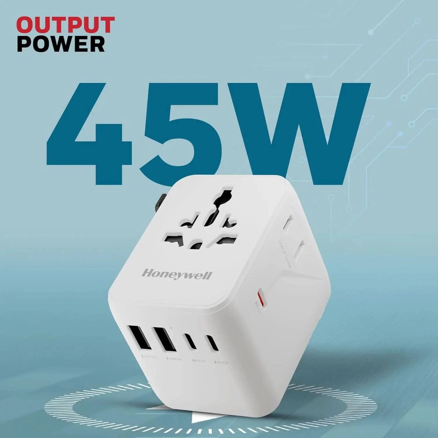Honeywell Universal Travel Adapter 45W, 7 in 1 Fast Charging, QC3.0/PD, Universal & US Socket, 3 Type C, 2 USB A, Overload & overvoltage Protection, International Adapter for EU, US, UK & CN/AUS White