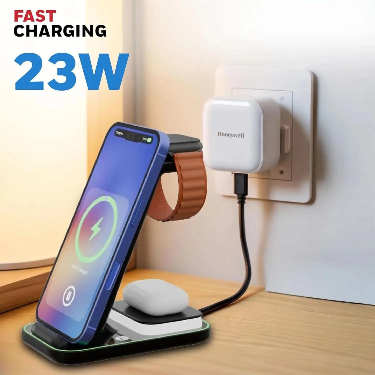 Honeywell Zest Wireless Clamp 3-in-1 23W Wireless Fast Charger with Type-C Input, QC 3.0, Stable Grip, Compatible with iPhone 8 and Above, Apple Watches, AirPods & Qi-Enabled Smartphones