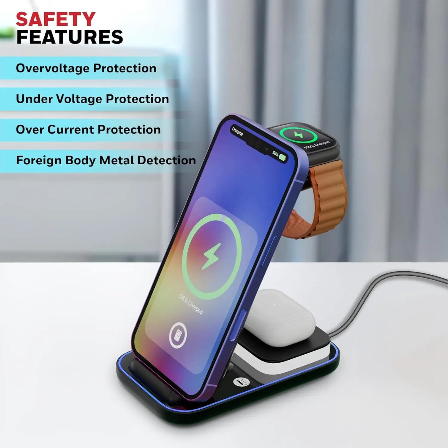 Honeywell Zest Wireless Clamp 3-in-1 23W Wireless Fast Charger with Type-C Input, QC 3.0, Stable Grip, Compatible with iPhone 8 and Above, Apple Watches, AirPods & Qi-Enabled Smartphones