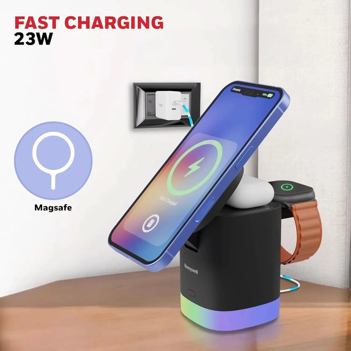 Honeywell Zest Wireless Cube 3-in-1 MagSafe Compatible 23W Magnetic Wireless Fast Charger with Type-C Input, QC 3.0, RGB Lights, Ultra-Fast Charging for iPhone 12 and Above, Apple Watches & AirPods