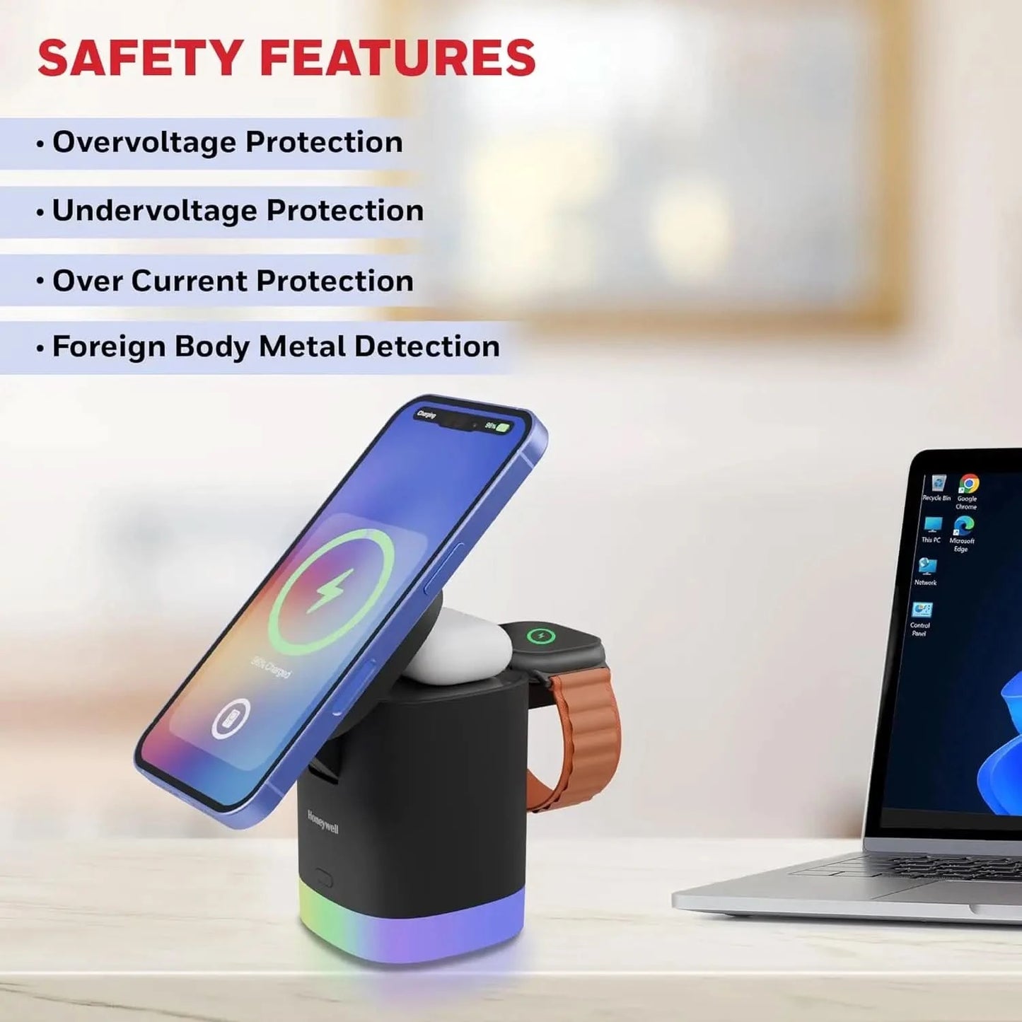 Honeywell Zest Wireless Cube 3-in-1 MagSafe Compatible 23W Magnetic Wireless Fast Charger with Type-C Input, QC 3.0, RGB Lights, Ultra-Fast Charging for iPhone 12 and Above, Apple Watches & AirPods