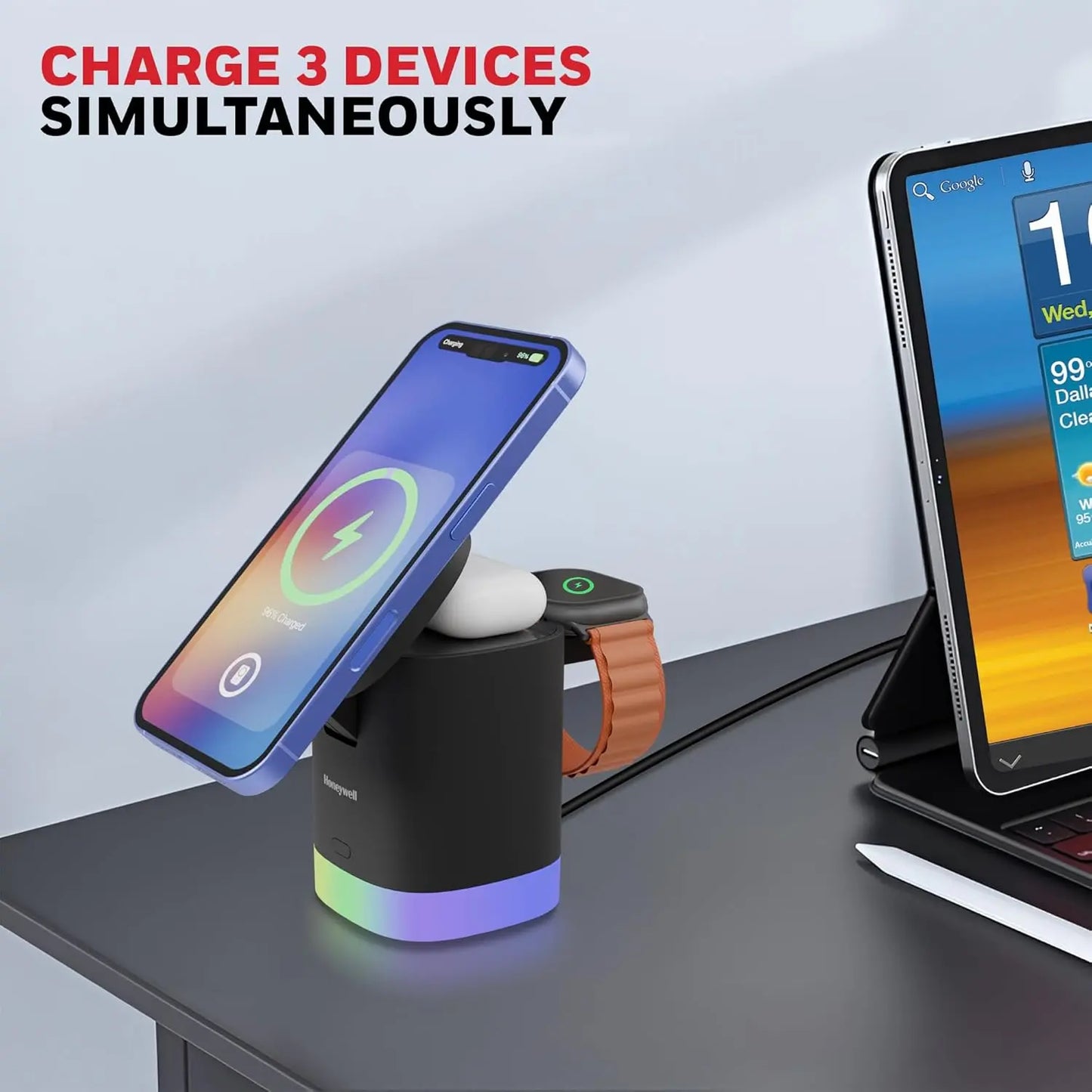 Honeywell Zest Wireless Cube 3-in-1 MagSafe Compatible 23W Magnetic Wireless Fast Charger with Type-C Input, QC 3.0, RGB Lights, Ultra-Fast Charging for iPhone 12 and Above, Apple Watches & AirPods