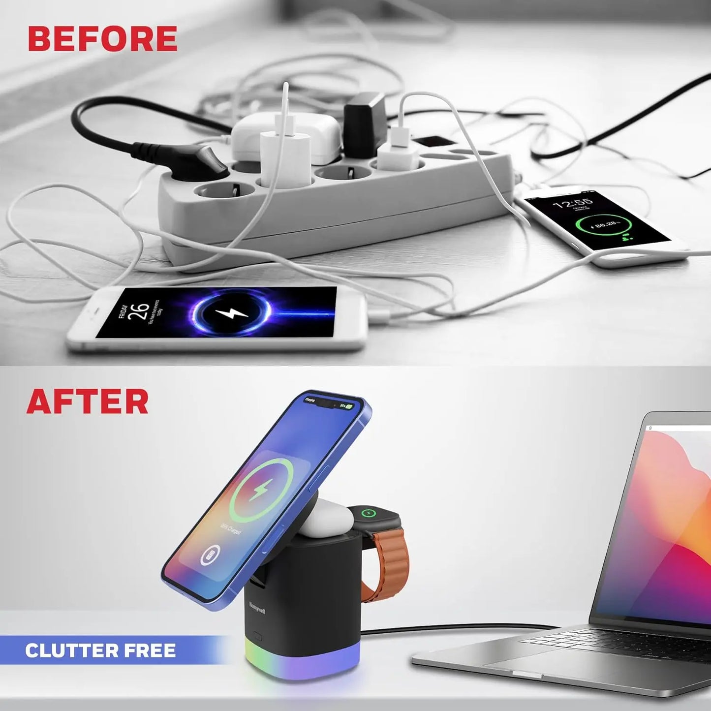 Honeywell Zest Wireless Cube 3-in-1 MagSafe Compatible 23W Magnetic Wireless Fast Charger with Type-C Input, QC 3.0, RGB Lights, Ultra-Fast Charging for iPhone 12 and Above, Apple Watches & AirPods