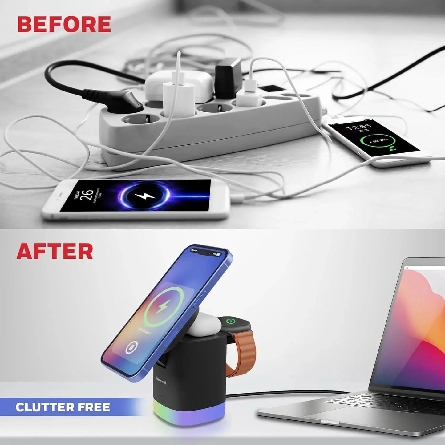 Honeywell Zest Wireless Cube 3-in-1 MagSafe Compatible 23W Magnetic Wireless Fast Charger with Type-C Input, QC 3.0, RGB Lights, Ultra-Fast Charging for iPhone 12 and Above, Apple Watches & AirPods