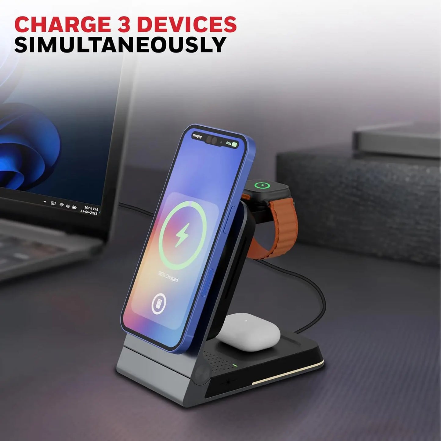Honeywell Zest Wireless Flex 3-in-1 Platinum Series Foldable 23W Magnetic Wireless Fast Charger with Type-C Input, QC 3.0, Ultra-Fast Charging for iPhone 12 and Above, Apple Watches & AirPods