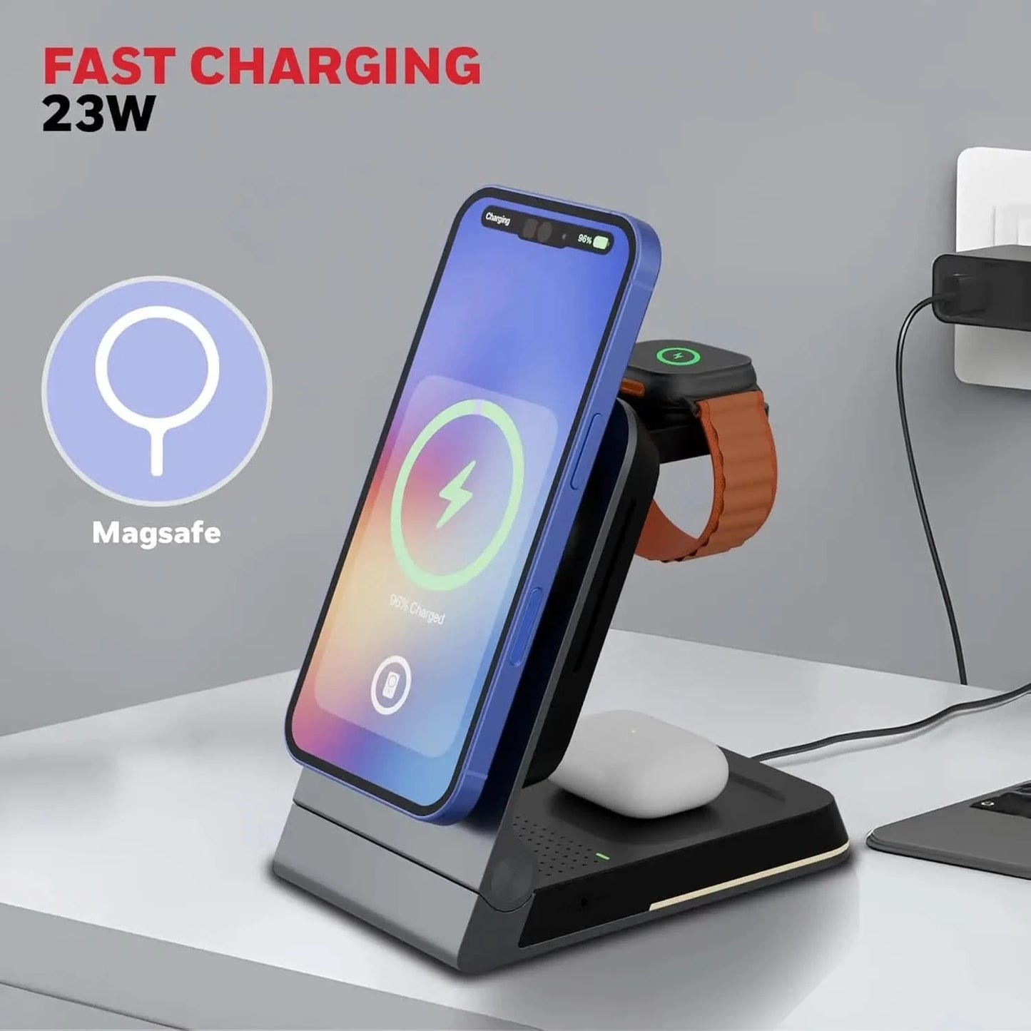 Honeywell Zest Wireless Flex 3-in-1 Platinum Series Foldable 23W Magnetic Wireless Fast Charger with Type-C Input, QC 3.0, Ultra-Fast Charging for iPhone 12 and Above, Apple Watches & AirPods