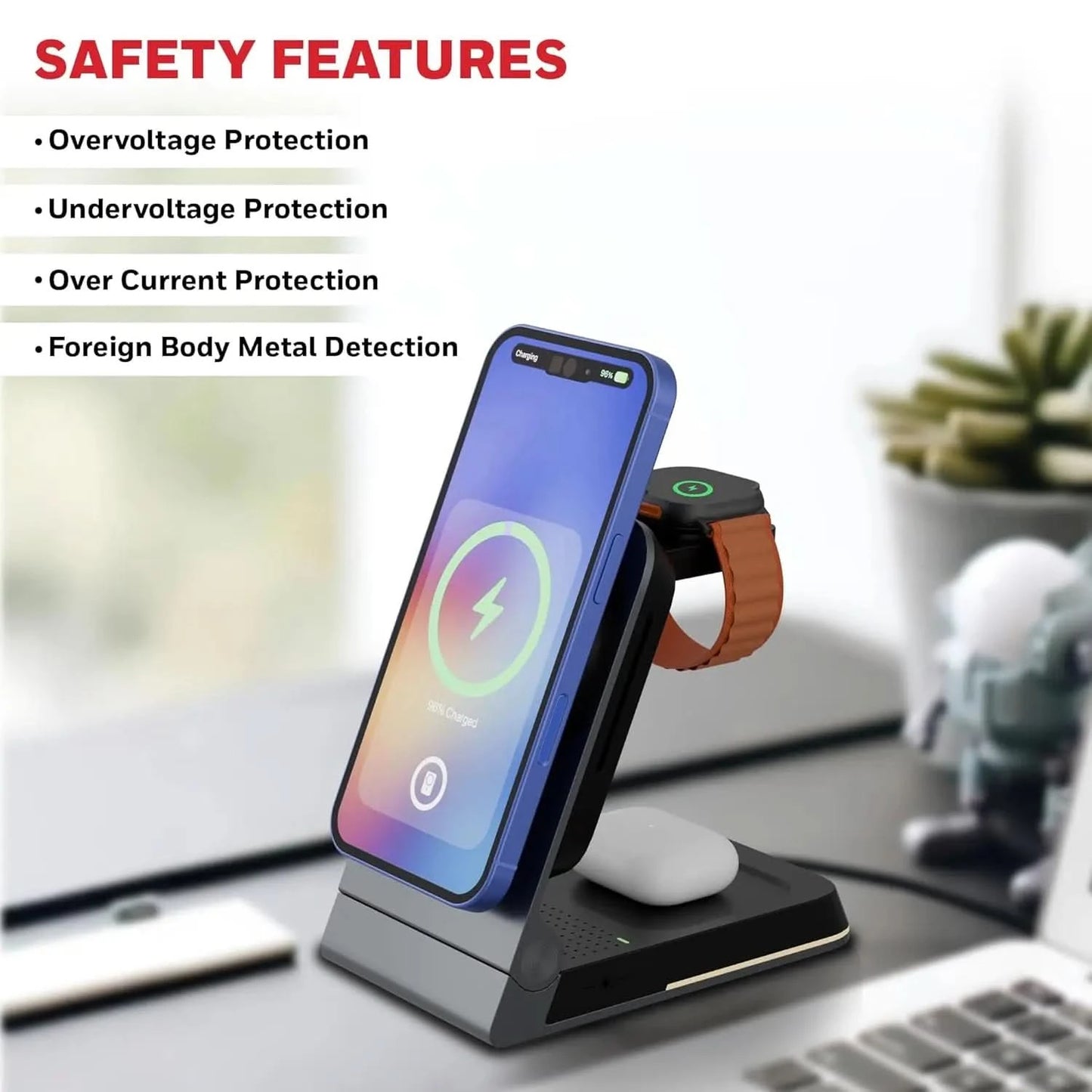 Honeywell Zest Wireless Flex 3-in-1 Platinum Series Foldable 23W Magnetic Wireless Fast Charger with Type-C Input, QC 3.0, Ultra-Fast Charging for iPhone 12 and Above, Apple Watches & AirPods