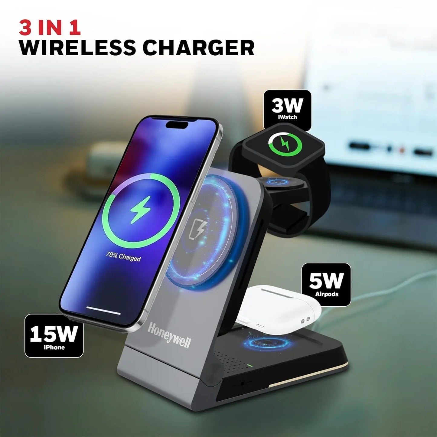 Honeywell Zest Wireless Flex 3-in-1 Platinum Series Foldable 23W Magnetic Wireless Fast Charger with Type-C Input, QC 3.0, Ultra-Fast Charging for iPhone 12 and Above, Apple Watches & AirPods