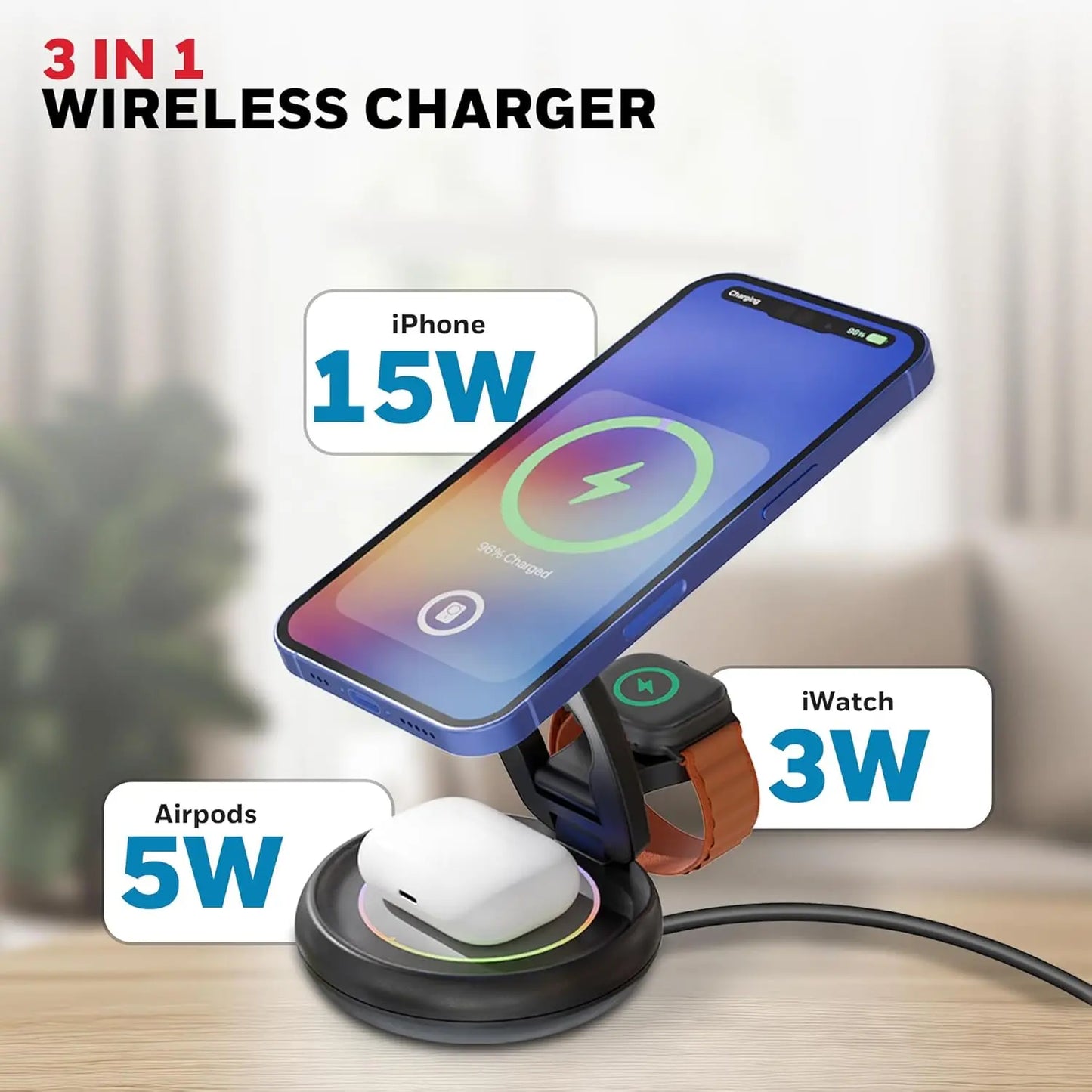 Honeywell Zest Wireless Trio 3-in-1 Platinum Series Foldable 23W Magnetic Wireless Fast Charger with Type-C Input, QC 3.0, Ultra-Fast Charging for iPhone 12 and Above, Apple Watches & AirPods